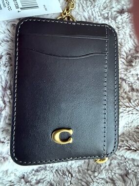 Coach Black Leather Zip Coin Pouch with Gold Hardware